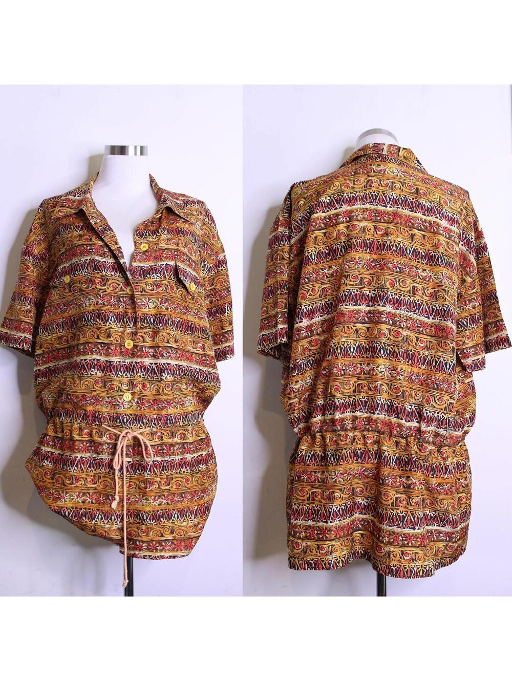 VTG Orange Black Abstract Boho Silk Blouse - Medium